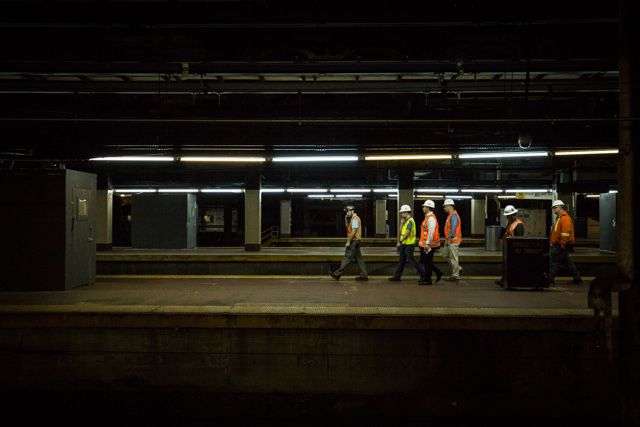 Workers near the site of planned emergency Penn Station track repairs last month.